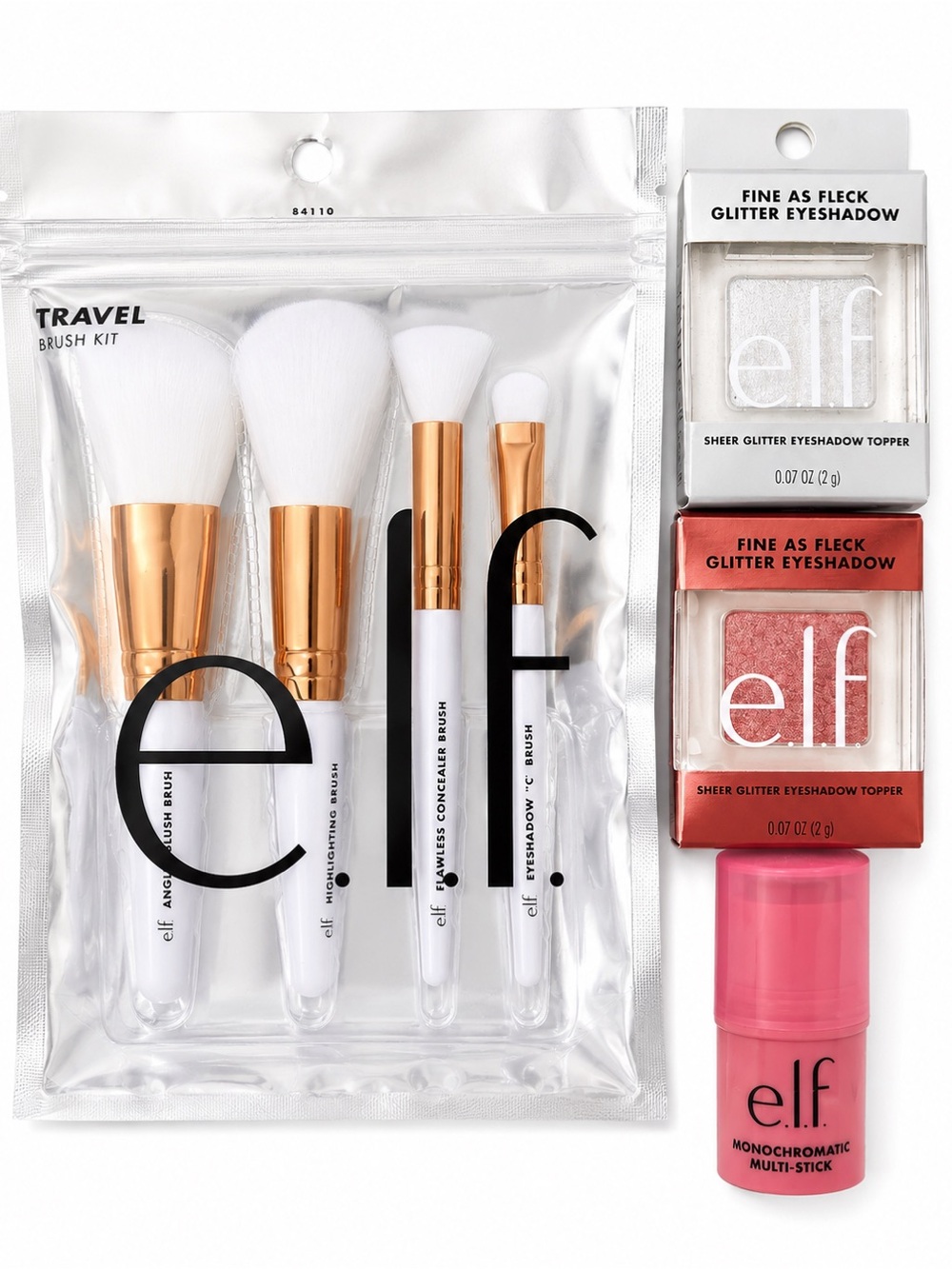 NWT e.l.f. 4 Pc Makeup Bundle Brush Kit + 2 Glitter Shadows + Blush Stick